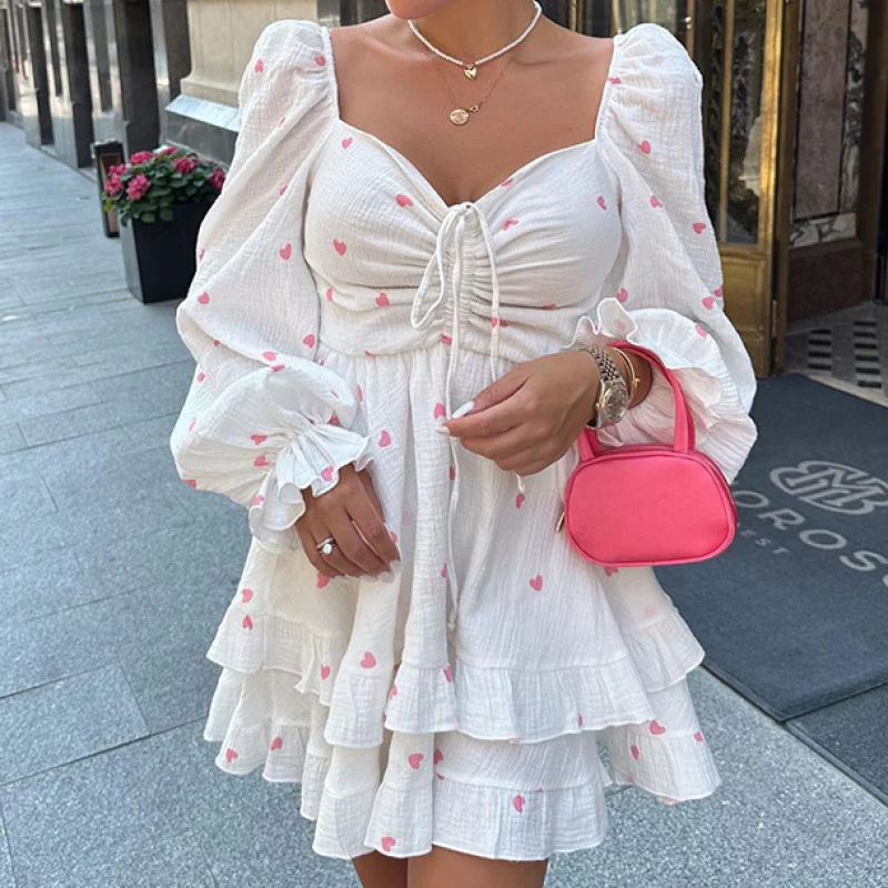 

White Crepe Cotton Linen Square Neck Puff Sleeve Heart Print High Waist Dress Spring New Short Dress