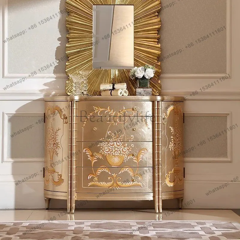 

French light luxury painted entrance cabinet household living room silver foil decorative locker