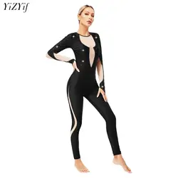 Glittery Ballet Unitards Dance Wear Costume for Adult Long Sleeve Bodysuit Figure Skating Gymnastic One Piece Full Body Jumpsuit