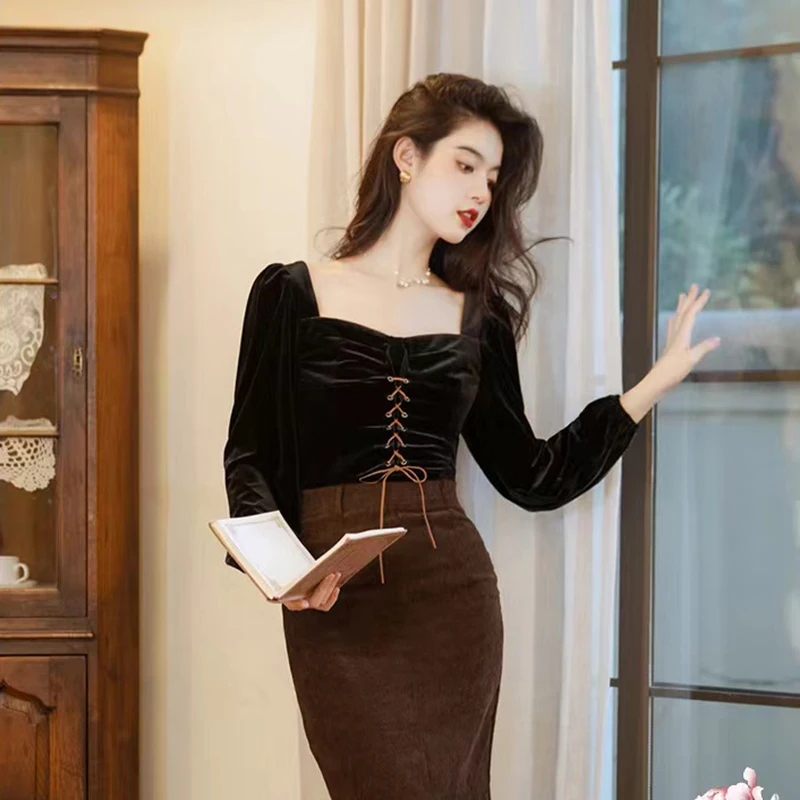 Velvet Lace-up Crop Shirts Women Autumn Korean Chic Square Collar Slim Blouses Black Elegant Office Ladies Long Sleeve Tops New