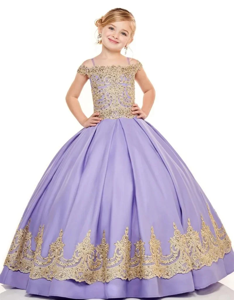 Girl's Dresses Sweet Lilac Flower Girl Dress For Wedding Champagne Lace Off The Shoulder Ball Gown Long Birthday Party