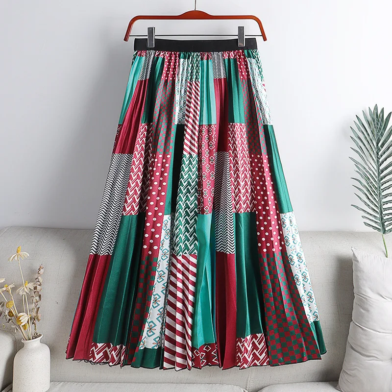 

2022 Spring/Autumn Women Skirts Pleated A-Line Skirts Vintage Casual Print Skirt Femme Elastic High Waist Slim Skirts Streetwear