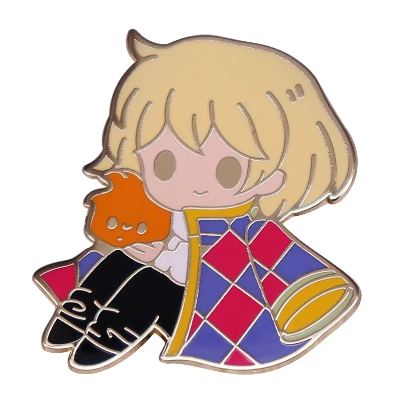 Cute Magician Howl Hard Enamel Pin Kawaii Magic Boy and Calcifer Metal Brooch Howl's Moving Castles Cartoon Anime Fan Badge Gift