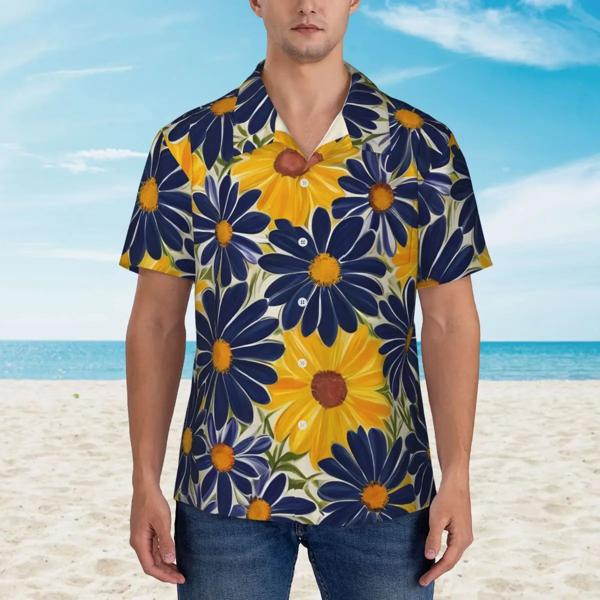 Camisa havaiana com estampa florida masculina, camisa casual azul e amarela praia, estilo rua manga curta, blusas grandes grandes com estilo DIY