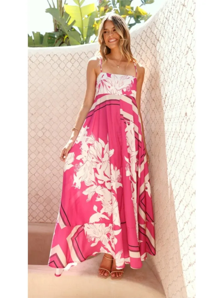 

Sexy Spaghetti Strap Dress For Women Fashion Floral Print Slash Neck Loose Dresses Lady Casual Holiday Beach Party Skirt Clothes