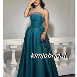 Teal Green A Line Beaded Prom Dresses Long for Women 2025 Crew Neckline Beading Crystal A Line formal Evening Gowns Customized