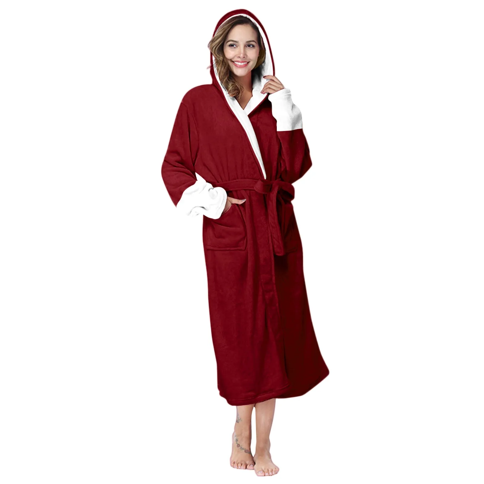 Women\'s Fleece Bathrobe Ladies Dressing Gown Long Hooded Sleepwear Soft Fluffy Pajamas Loose Relaxed Home Robe Wearing Nightwear