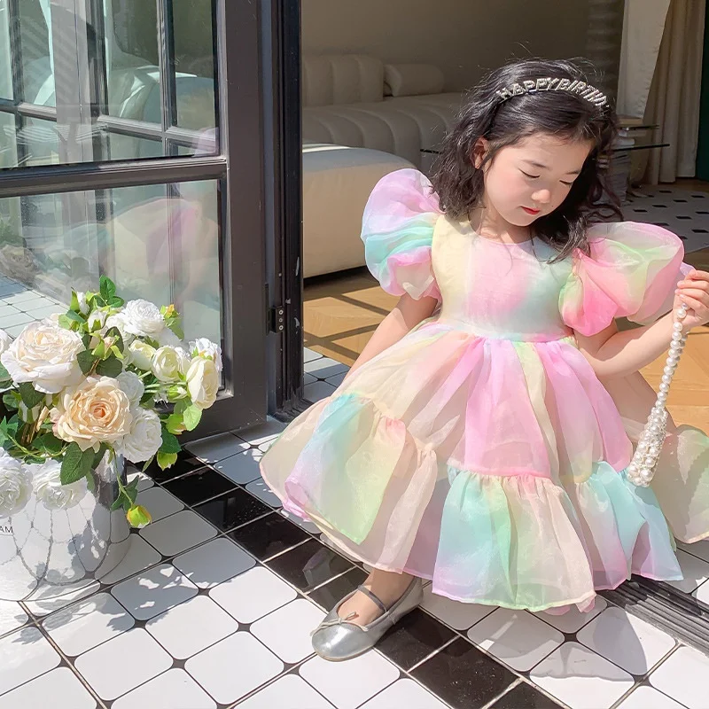 Summer Girl Puff Sleeve Mesh Skirt  Sweet Rainbow Princess Birthday Party Gown Mesh Wedding Children Dresses