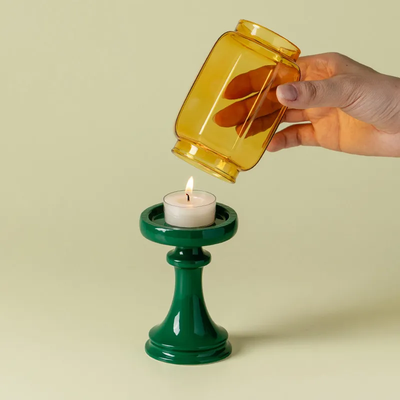 Glass Candle Holder Dark Green Ming Qing Base Chinese Zen Tea Room Ornament