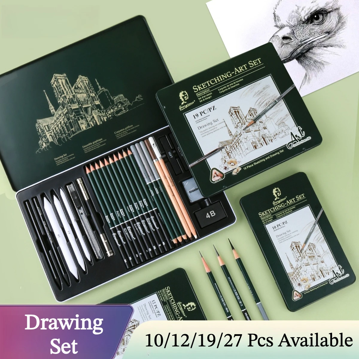Sketch Pencil Set Charcoal Drawing Pencils Matte 2B Graphite Pencils for Beginners Artists 10/12/19/27 Pcs in Tin Box