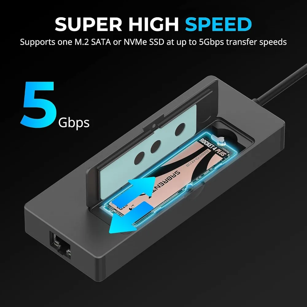 محور SABRENT USB-C ذو 6 منافذ مع حاوية M.2 SSD، 90 وات PD، منافذ USB 3.0/2.0، 4K HDMI، RJ45 جيجابت إيثرنت