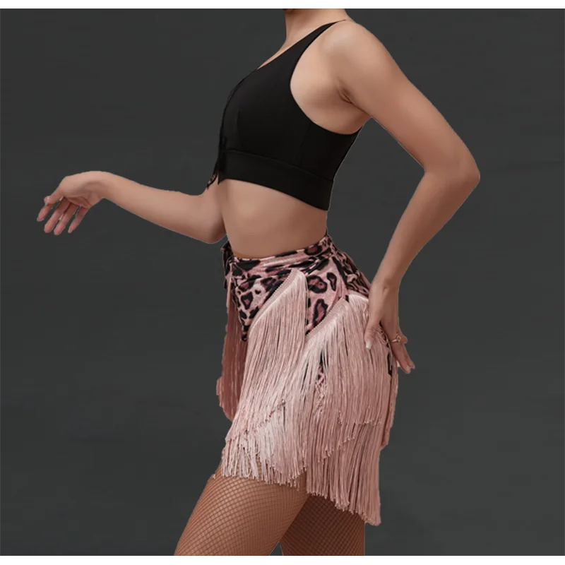 Latin Dance Skirt Women's High-End Adult length Tassel Skirt Profional Dancing ort Skirt Cha Cha Leopard Print Danc...