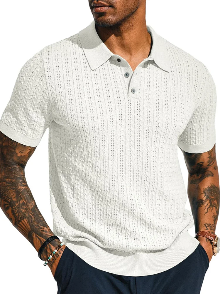 

Summer Cool Knitted Men's irt ort Sve Turn-down Collar Hollow out Breathable Loose Fit Casual Cotton Busin Casual