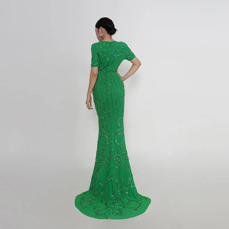 Baisha Elegant Dress Short Sleeve Heavy Handmade Beaded Long Green Mermaid Skirt With Train Elastic Dresses 479 فساتين سهرة