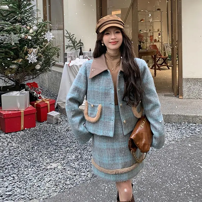 

One-Piece/Two-Piece Woolen Blue Plaid Small Fragrant Style Jacket Skirt Women Autumn Winter New Long-Sleeved Suit