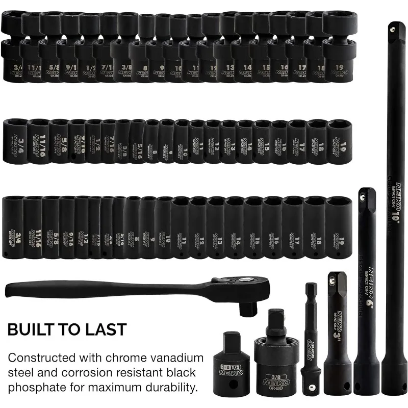 02471A Impact Socket Set, 3/8” Drive, 67 Piece, Metric and Standard Master Socket Set with Shallow & Deep Sockets, Ratchet