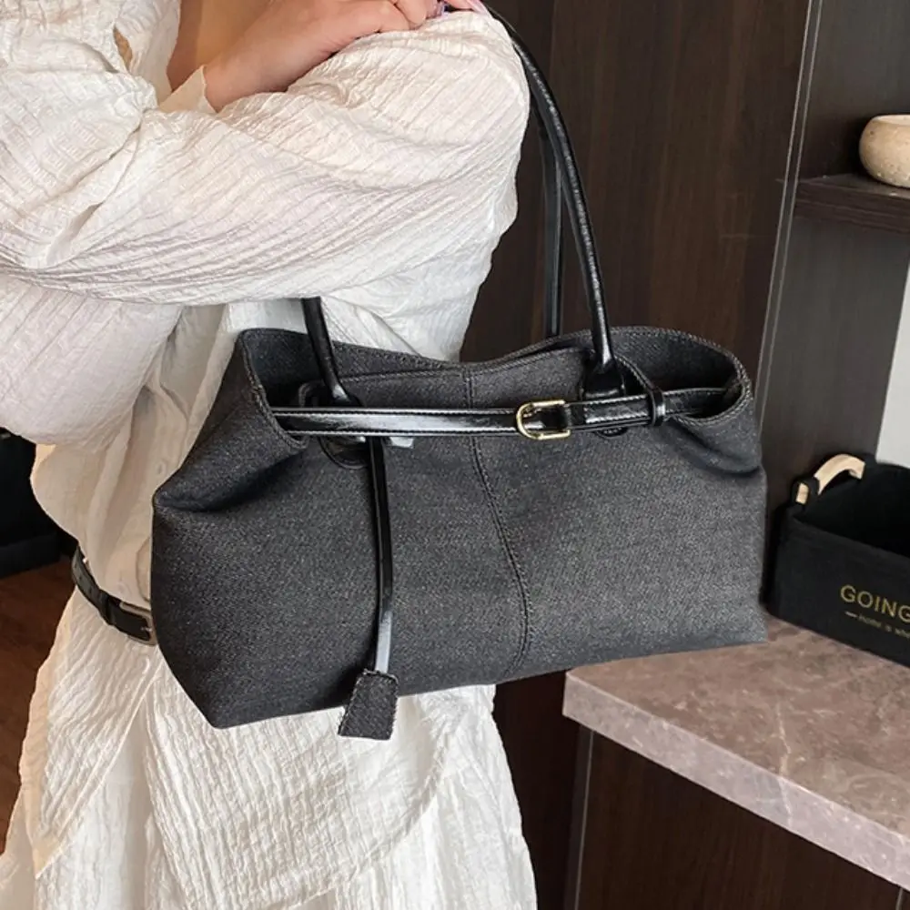

Casual Hasp Closure Denim Shoulder Bag Patchwork Color Large Capacity Vintage Armpit Bag Elegant Chic Casual Tote Bag Travel