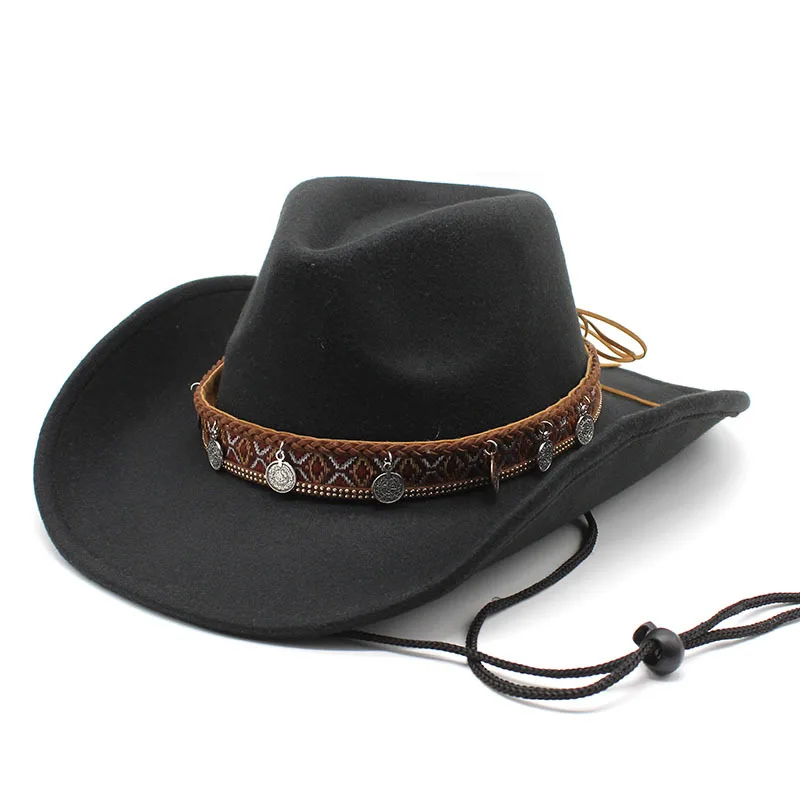 HongLuan Western cowboy hat Retro jazz hat wool top hat cowboy hair felt hat Ethnic wind cowboy accessories with windbreak rope