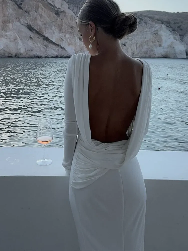 Chic Backless White Long Sleeved Slim Fit Dress for Women Pleated Elegant Round Neck Long Dresses 2024 New Female Evening Gowns
