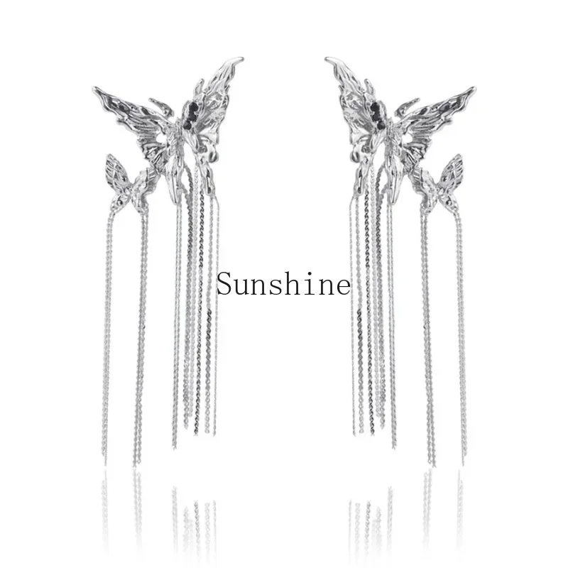 Metal butterfly fringed earrings personalized fashion niche design sense high sense earrings