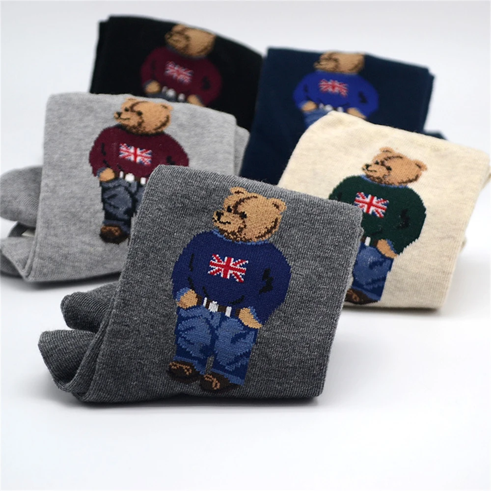 New Cartoon Gentleman Bear Men's Socks Cotton Harajuku Style Sport Boys Skateboard Novelty Breathable  Christmas Gift wholesale