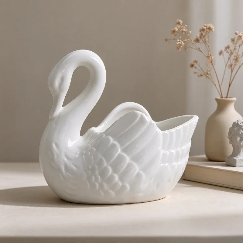 1pc Ceramic Swan Ornament Desktop Storage Box Tealight Candle Holder Mini Flower Pot Home Table Decoration
