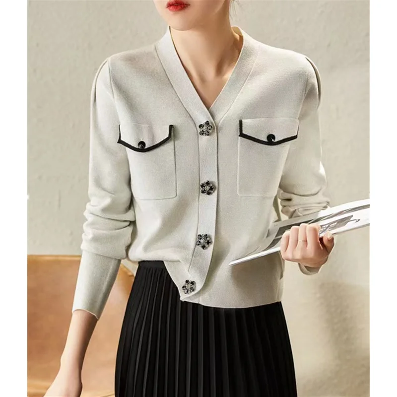 2022newcashmere knit cardigan female spring and autumn new temperamental V-neck sweater loose jacket sweater coat