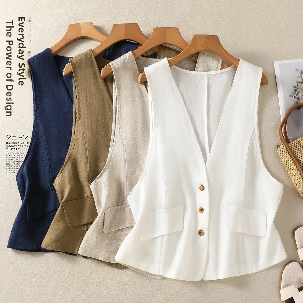 

Japanese Loose Fit Linen Cotton Vest Women Summer V-Neck Three Button Waist Cinched Double Pocket Slimming Sleeveless Vest