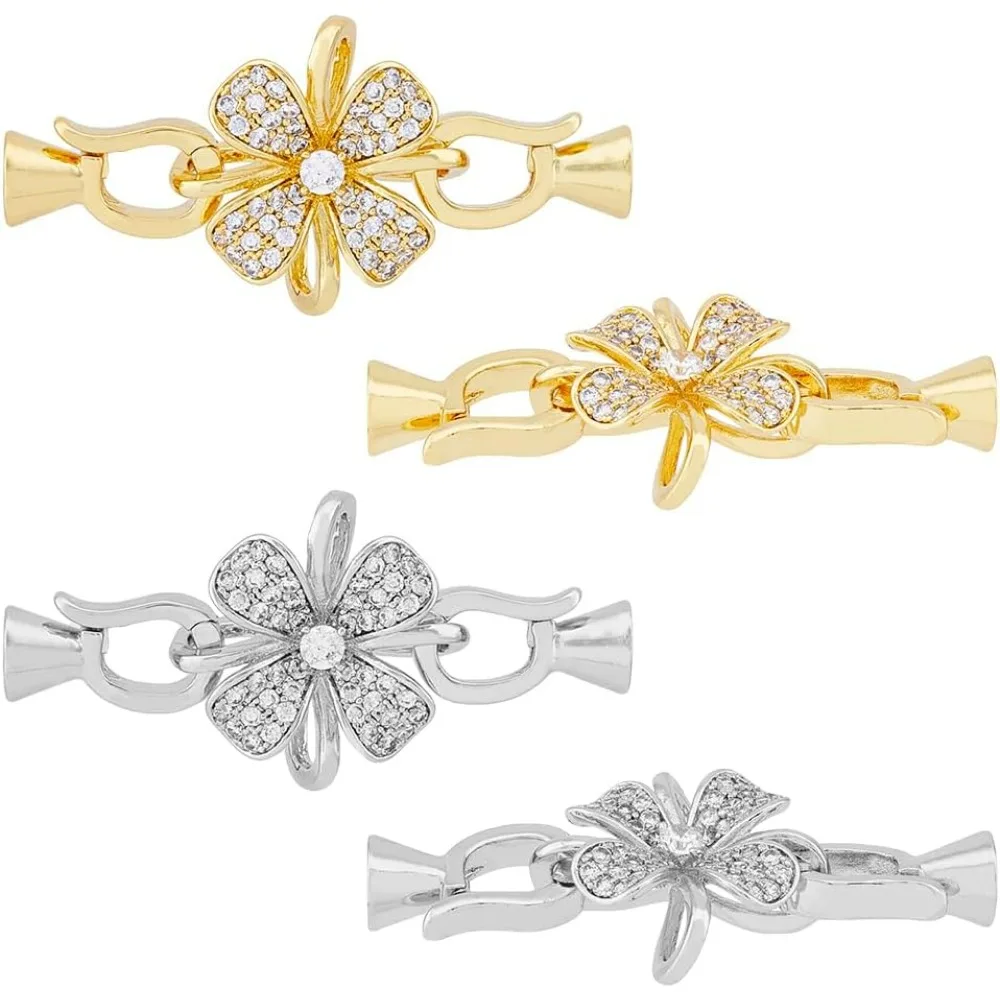 4Pcs 2 Colors Brass Pave Cubic Zirconia Fold Over Clasps Golden Silver Flower Extender Clasp Closure Hexagon End Caps making kit