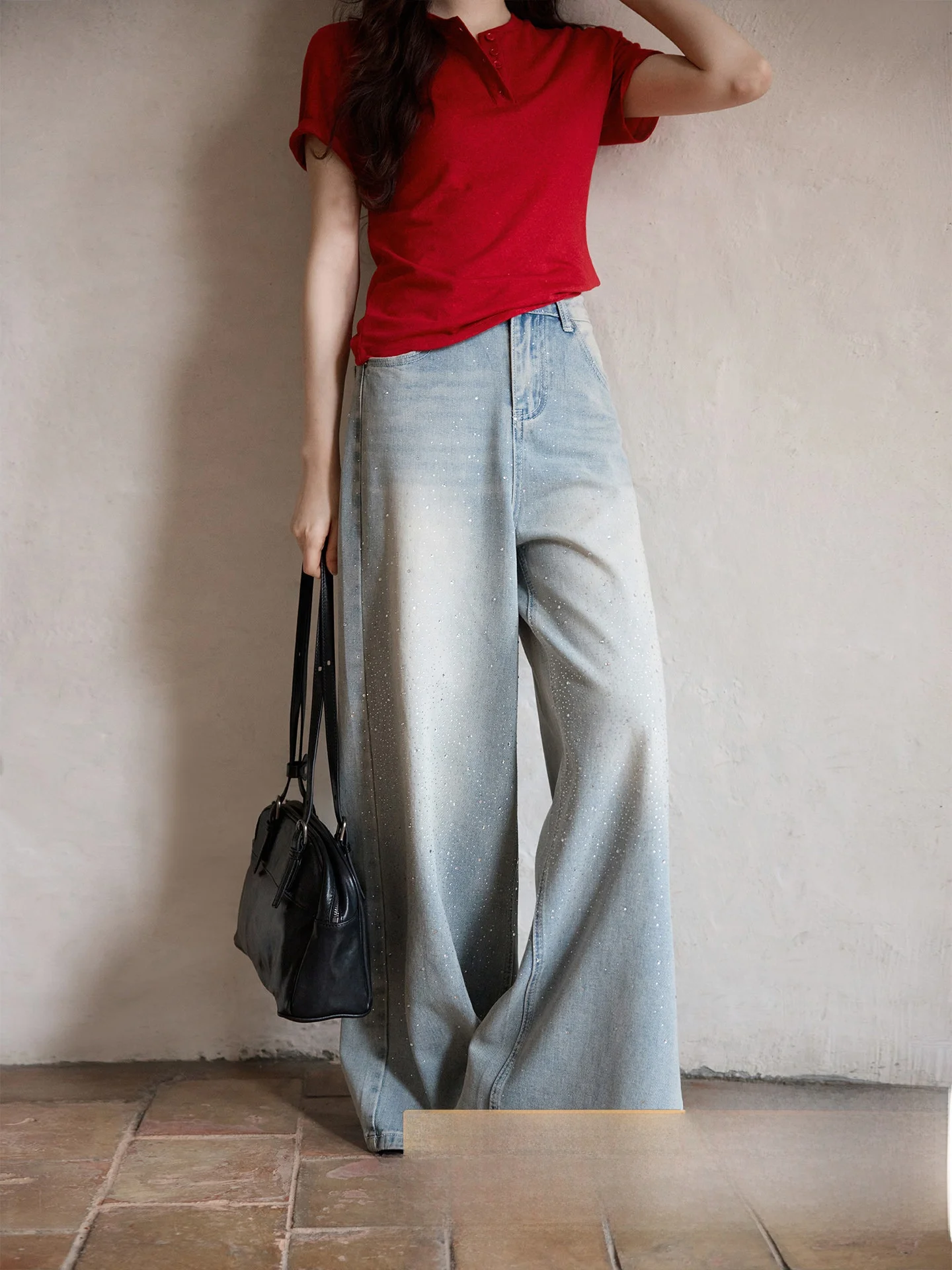 

Elegant Wide Leg Denim Jeans Women's High Waist Straight Cut Spring Fashion Korean Style Light Blue Casual Comfortable Fit