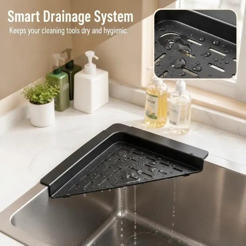 Triangular Non‑Slip Sink Drain Rack Sturdy Large Capacity Sponge Rag Caddy For Kitchen Utensil Drying Storage Accessory