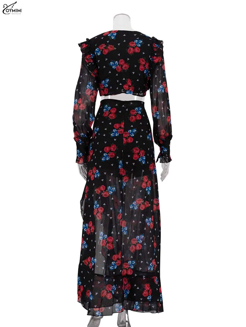 Oymimi Elegant Black Print Two Piece Set For Women Fashion Ruffled Long Sleeve Crop Shirts And Side Slit Floor-Length Skirts Set