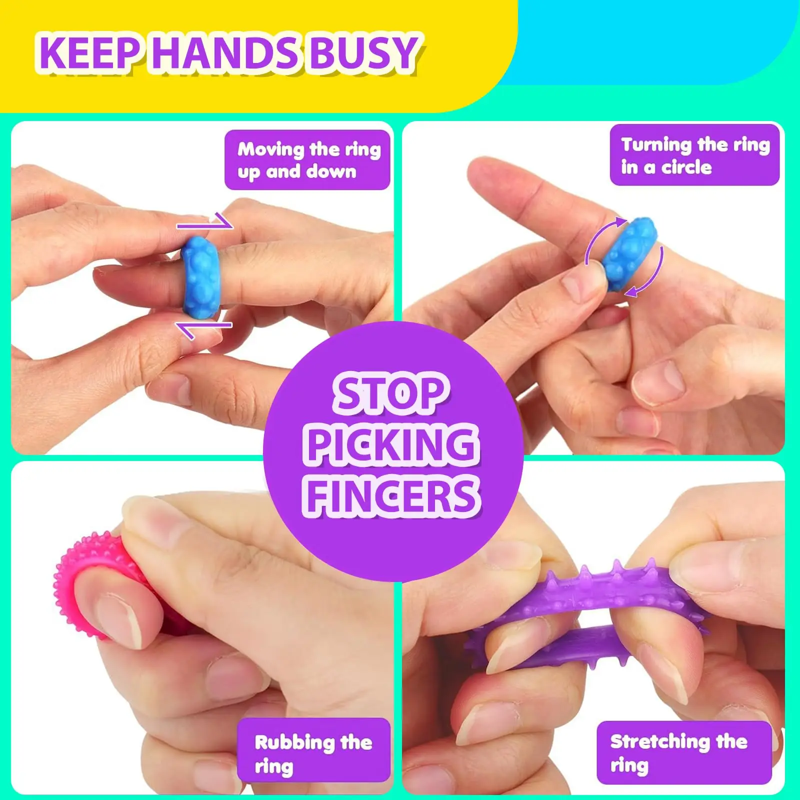 Fidget-Spielzeug für Kinder, sensorisches Spielzeug für Autismus, 12 Stück Fingerringe mit Textur, Stressabbau-Fingerspielzeug für Kinder mit Autismus, beruhigend, Fidget-Ringe – Detail 5