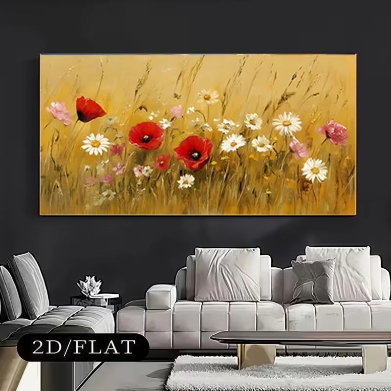 2D Flat, 2D Flat, A Large 2D/FLAT Unframed Canvas Painting Depicting Vibrant Red Poppies, Pure White Daisies, And Pink Flowers B