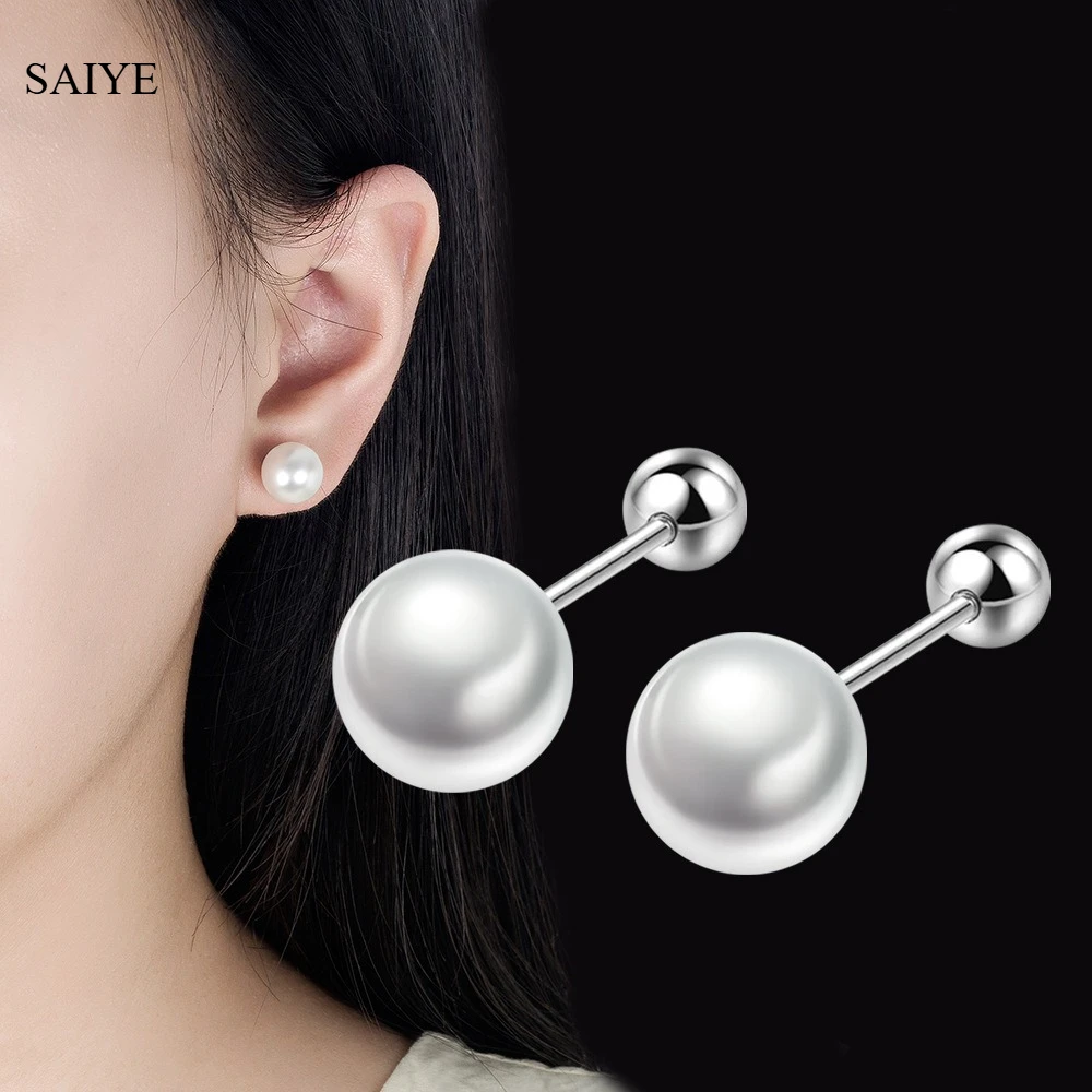 925 Sterling Silver Screw Back Pearl Stud Earrings 6/8/10/12mm, Anti-lost Round Pearl Earrings for Women Daily Jewelry