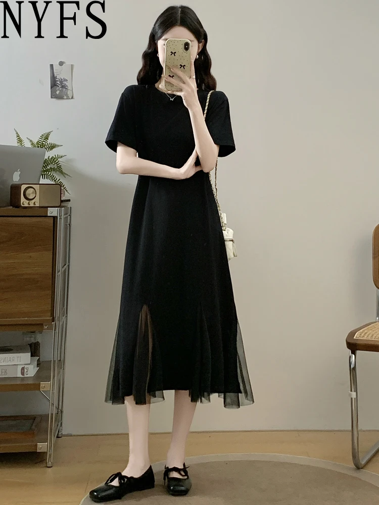 NYFS 2021, женское летнее платье в корейском стиле, свободное сетчатое платье больших размеров с короткими рукавами, длинное платье, халат Elbise NYFS 2021, женское летнее платье в корейском стиле, свободное сетчатое платье больших размеров с короткими рукавами, длинное платье, халат Elbise