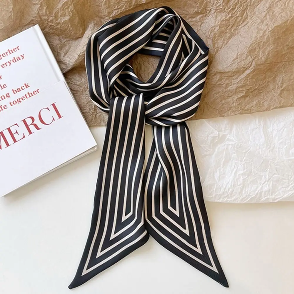 Accessories Simple Female Shawl Stripe Wraps Tie French Printing Silk Scarf Small Long Scarf Printed Scarf Korean Style Scarves