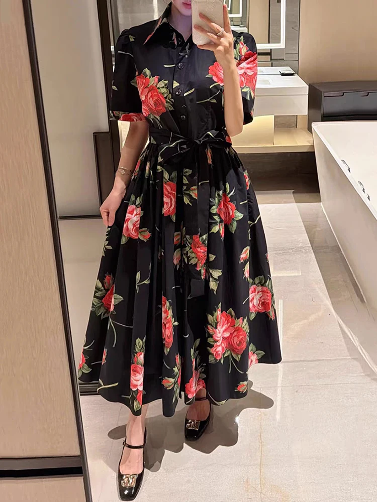 Designer retro printed lapel lace pleated waist short sleeve dress 2026 summer women's fluffy skirt fashion loose shirt skirt.