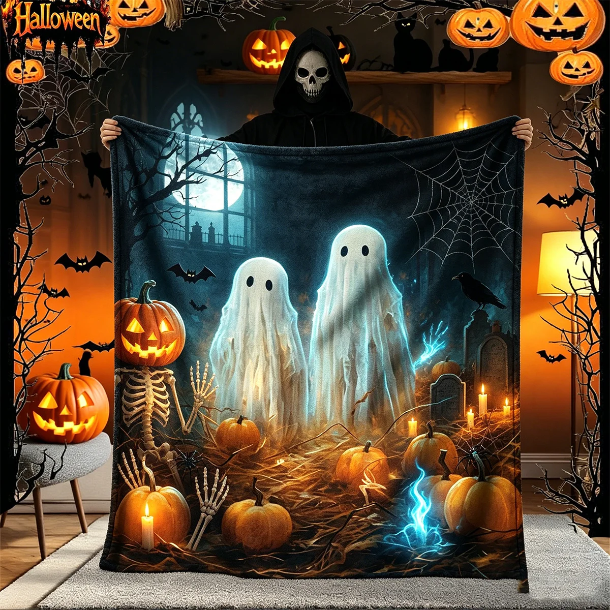Themed Blanket Suitable for Haunted Houses, Parties & - Soft Flannel Bedspread/Throw with Ghosts, Pumpkins, Bats & Black Cats Patterns 280Gsm All-Cozy Bedding for Year-Round Use, Multi-Decorative Throw