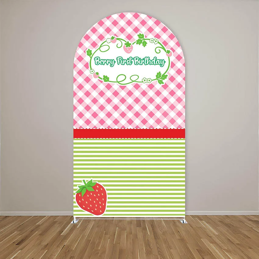 Mehofond مخصص 2-الجانب الوردي منقوشة الفراولة فتاة أول حفلة عيد ميلاد الطفل غطاء دش كيارا قوس خلفية ديكور خلفية