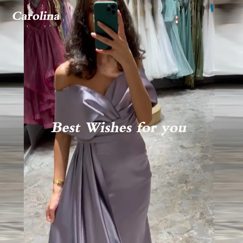 Carolina Off Shoulder Evening Dresses Women Saudi Arabia A-Line Violet Satin Vintage Wedding Guest Elegant Formal Party Gowns