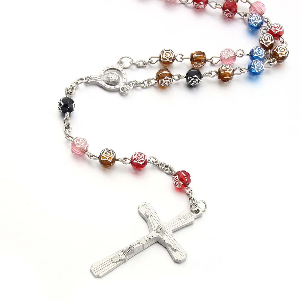 6MM Acrylic Rosary Necklaces For Women Men Rose Beads Long Chain Crucifix Cross Pendant Religious Prayer Jewelry