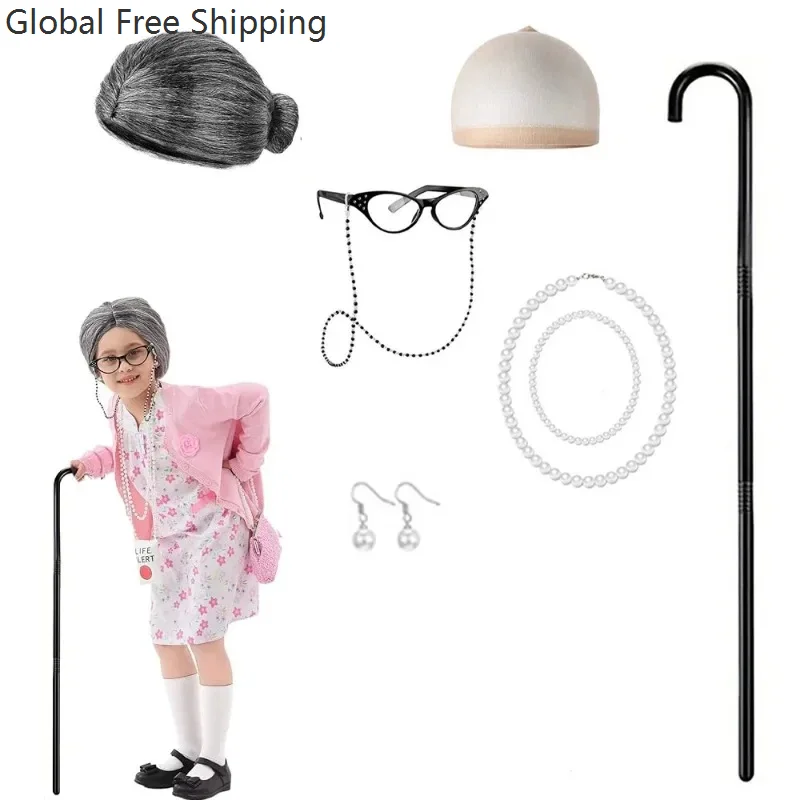 Girls 100th Day Of School Costume Old Lady Grandma Dress Up Accessories Set For Children Performance Halloween Carnival Roleplay