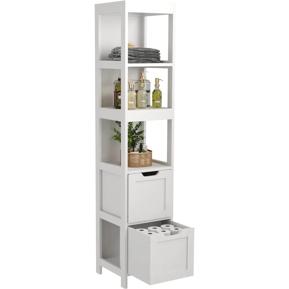 

Bathroom Storage Cabinet, Slim Tall Cabinet, Narrow Floor Cabinet Organizer, Wooden Linen Tower with 2 Drawers and 3 Shelves, F