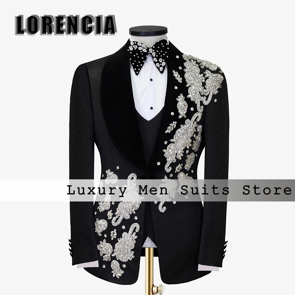 

Luxury Sparkly Diamond Suits for Male 3 Piece Shawl Collar Groom Tuxedos Wedding Outfits Customized Blazer Pants costumes homme