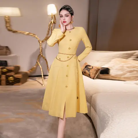 ZJYT New Arrivals Autumn Dresses for Women 2025 Elegant Designer Long Sleeve Single Breasted Party Yellow Dress with Belt