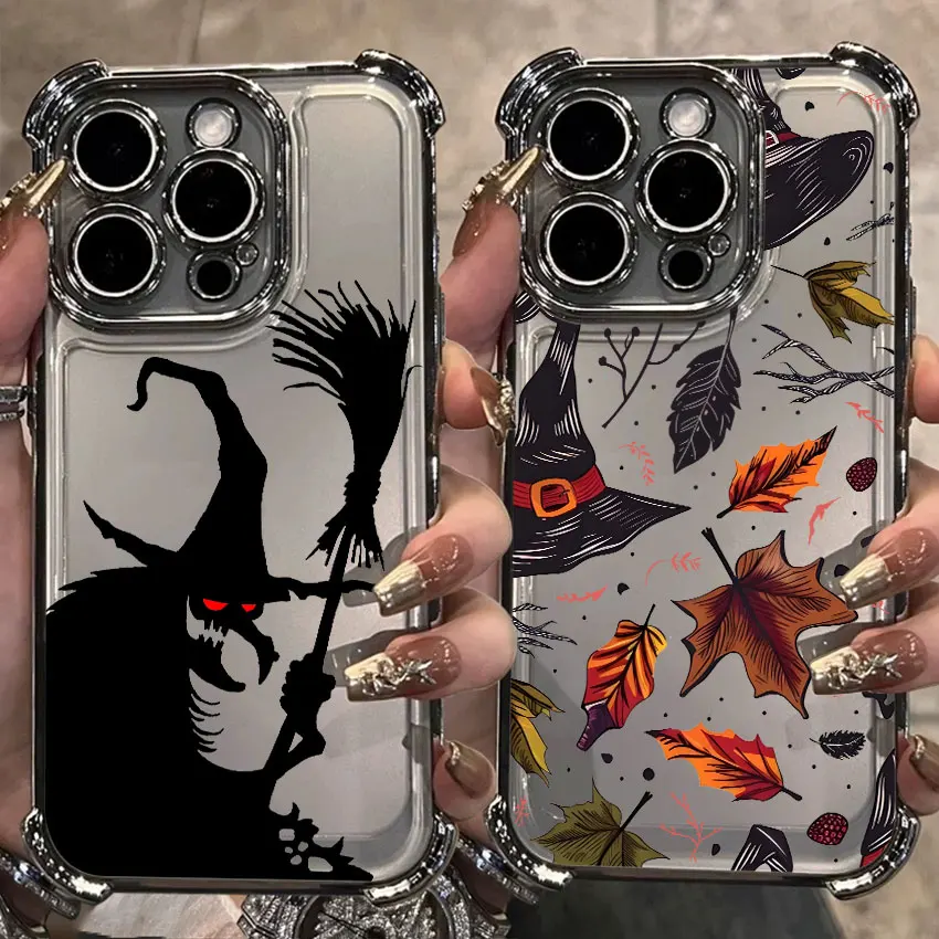 

Silver Case For Samsung Galaxy A56 A55 A54 A52 A53 A36 A34 A35 A33 A50 A73 A26 A25 A16 Clear Phone Cover Halloween Witch Hat Bat