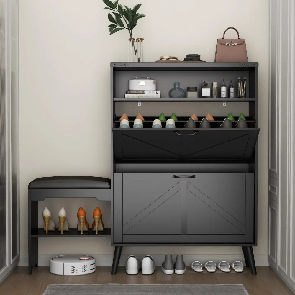 Sunrise Farmhouse Home Furniture Wooden Shoe Cabinet with Flip Drawers and Tipping Bucket Shoe Rack Organizer Top Cubby Bench