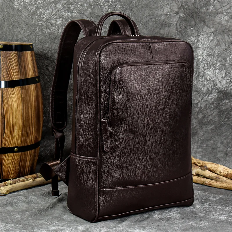 

Genuine Leather School Bag Black Brown Men's Business Backpack Cowhide Daypack Casual Schoolbag for Men Boys Student