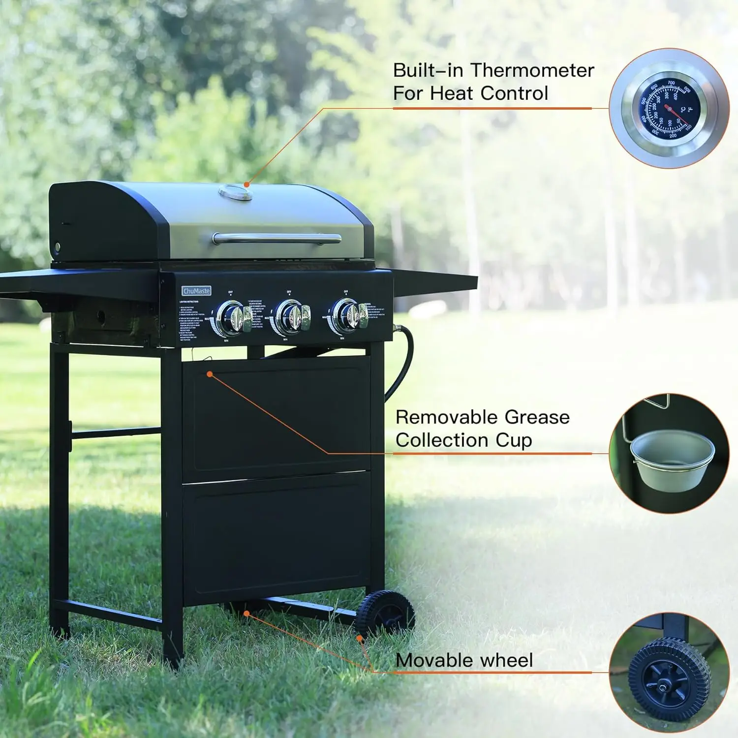 grill propane 3 burner gas grill, Propane grill, bbq grill with thermometer, gas grill outdoor for small gatherings, 30000 BTU b